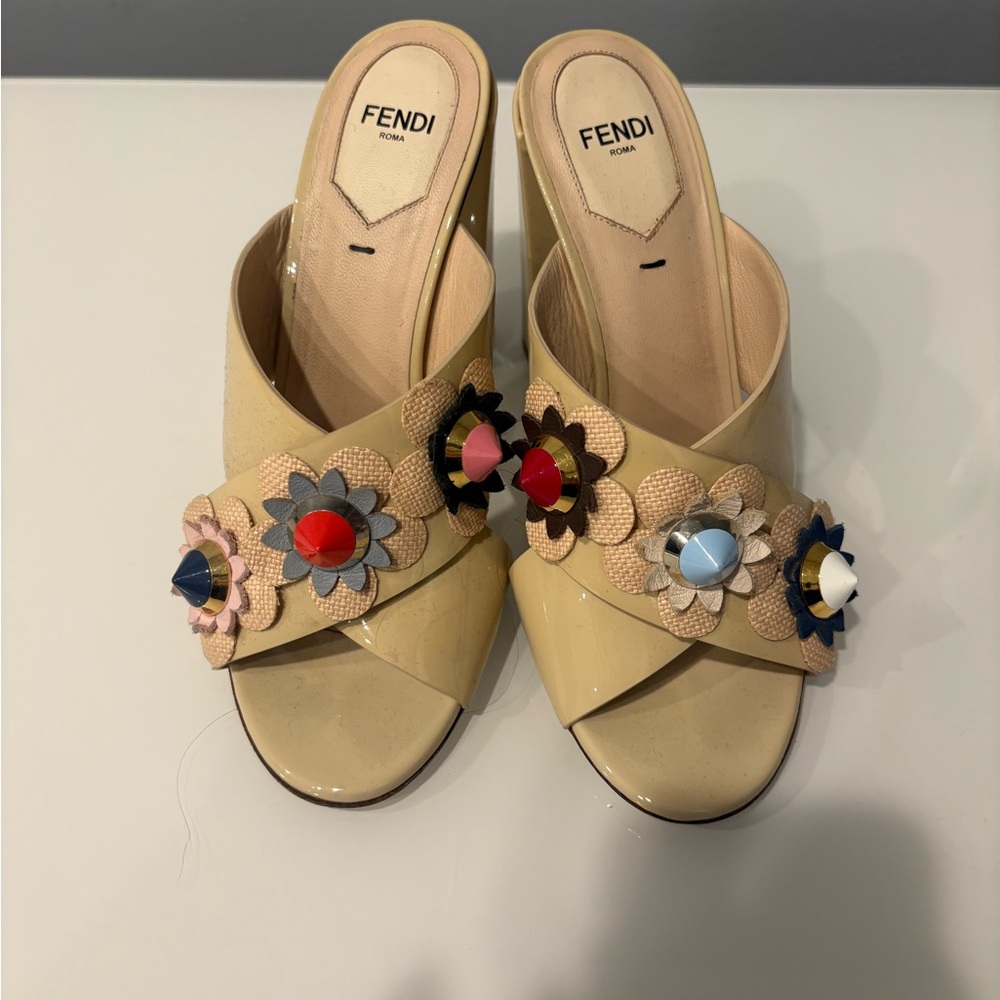Fendi Cream and Red Mules with Floral Accents